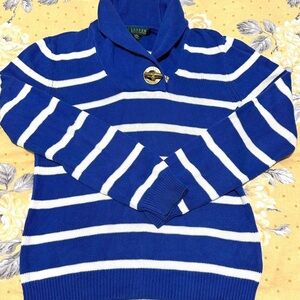 Lauren Ralph Lauren Women's Cowl Neck Long Sleeve Blue White Sweater size LARGE